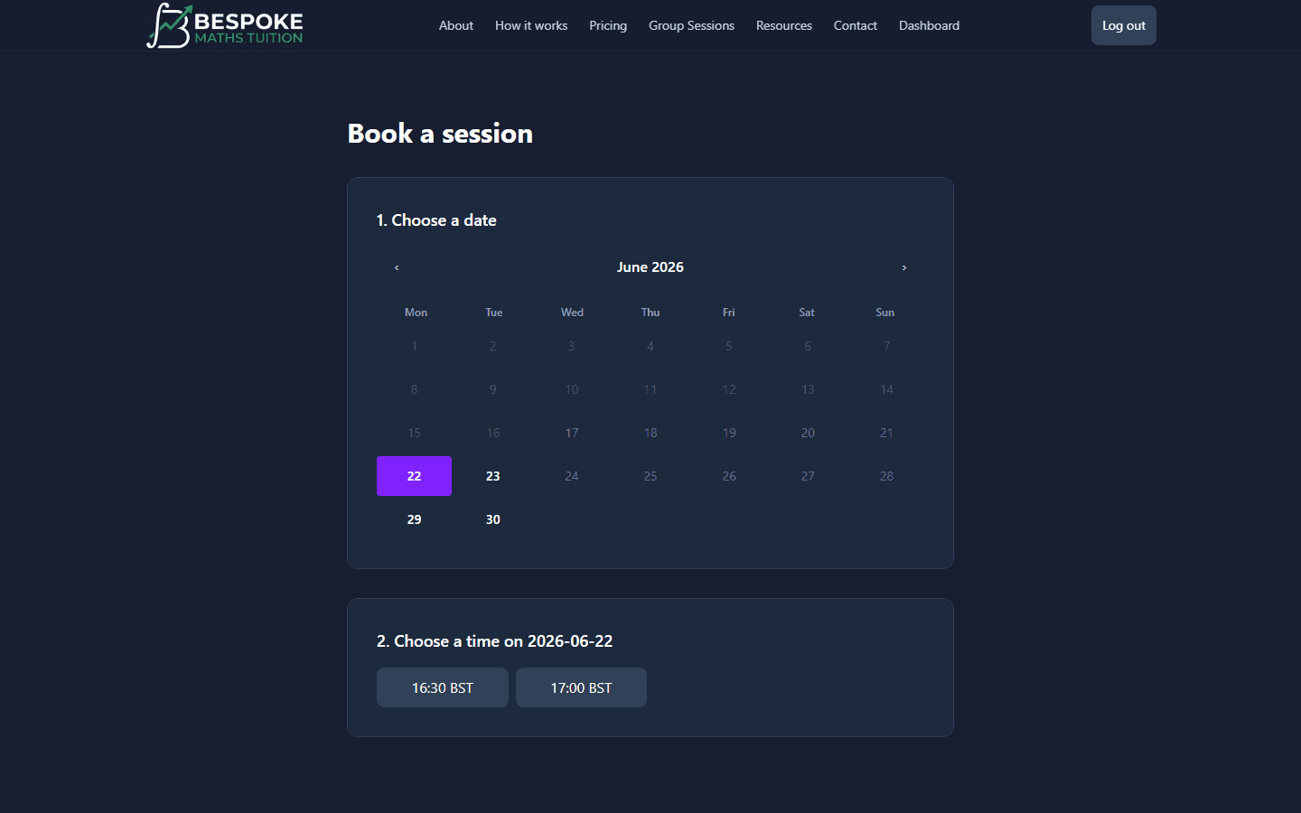 Booking calendar with available time slots